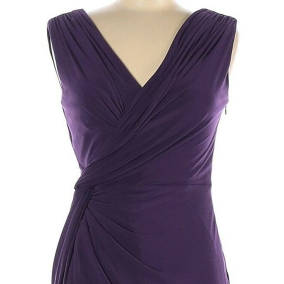 $230 ADRIANNA PAPELL PURPLE V-NECK WRAP SLEEVELESS COCKTAIL DRESS RUCHED - Picture 2 of 4